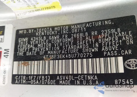 2011 Toyota Camry Le из США, поврежденный, VIN 4T1BF3EK4BU770275